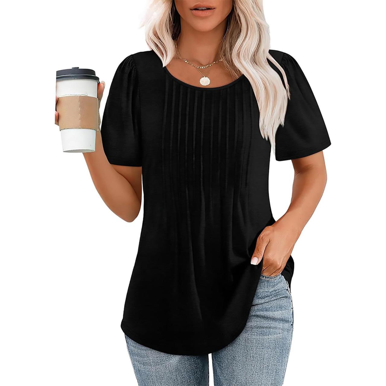 Summer Tops for Women 2024 Casual Scooped Neck Short Sleeve V Neck Chiffon Blouse Tshirts Trendy Pleated Tunic