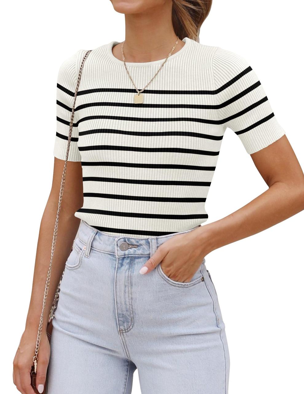 ZESICA Women's Short Sleeve Crewneck Striped T Shirt