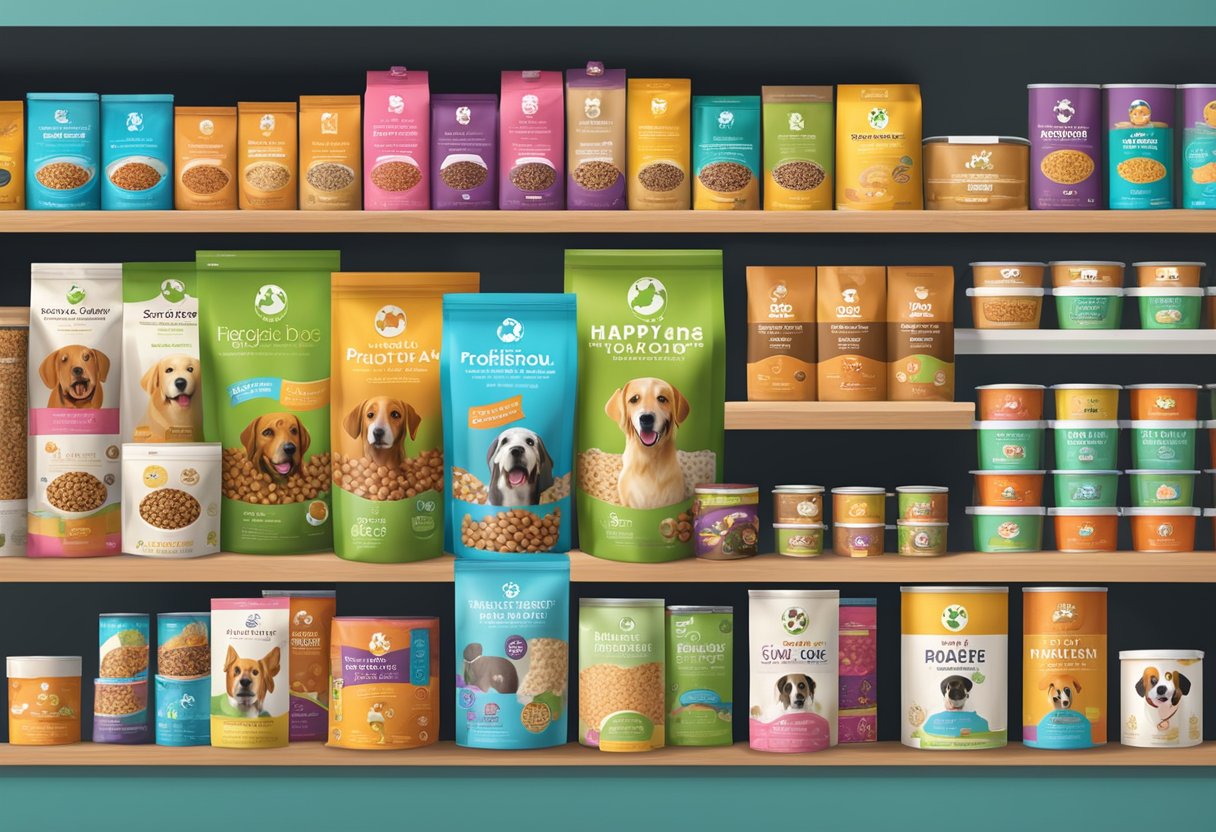A variety of dog food brands displayed on shelves with colorful packaging, nutritional information, and images of happy dogs