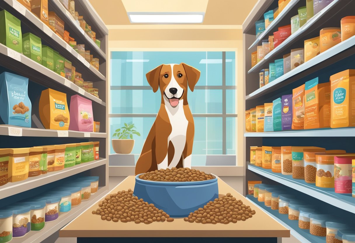 A variety of dog food brands displayed on shelves with ingredient labels and nutritional information. A dog bowl with kibble and a happy dog eating