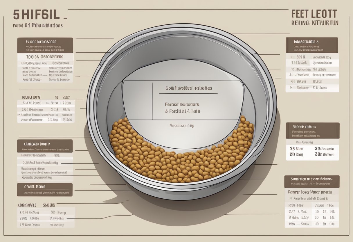 A dog food bowl filled with measured portions, surrounded by feeding guidelines and nutritional information