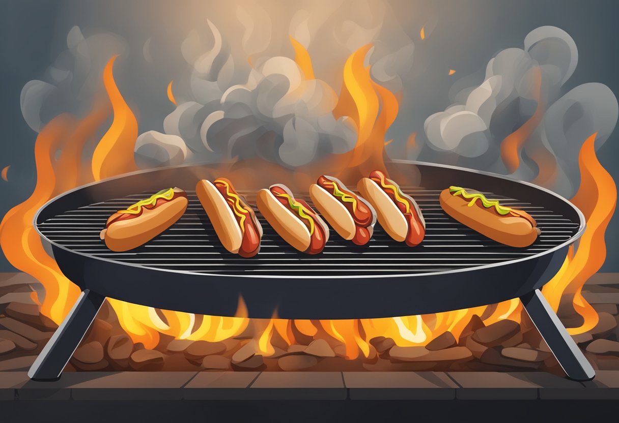 Hot dogs sizzling on a grill over hot coals. Smoke rises as they cook to perfection