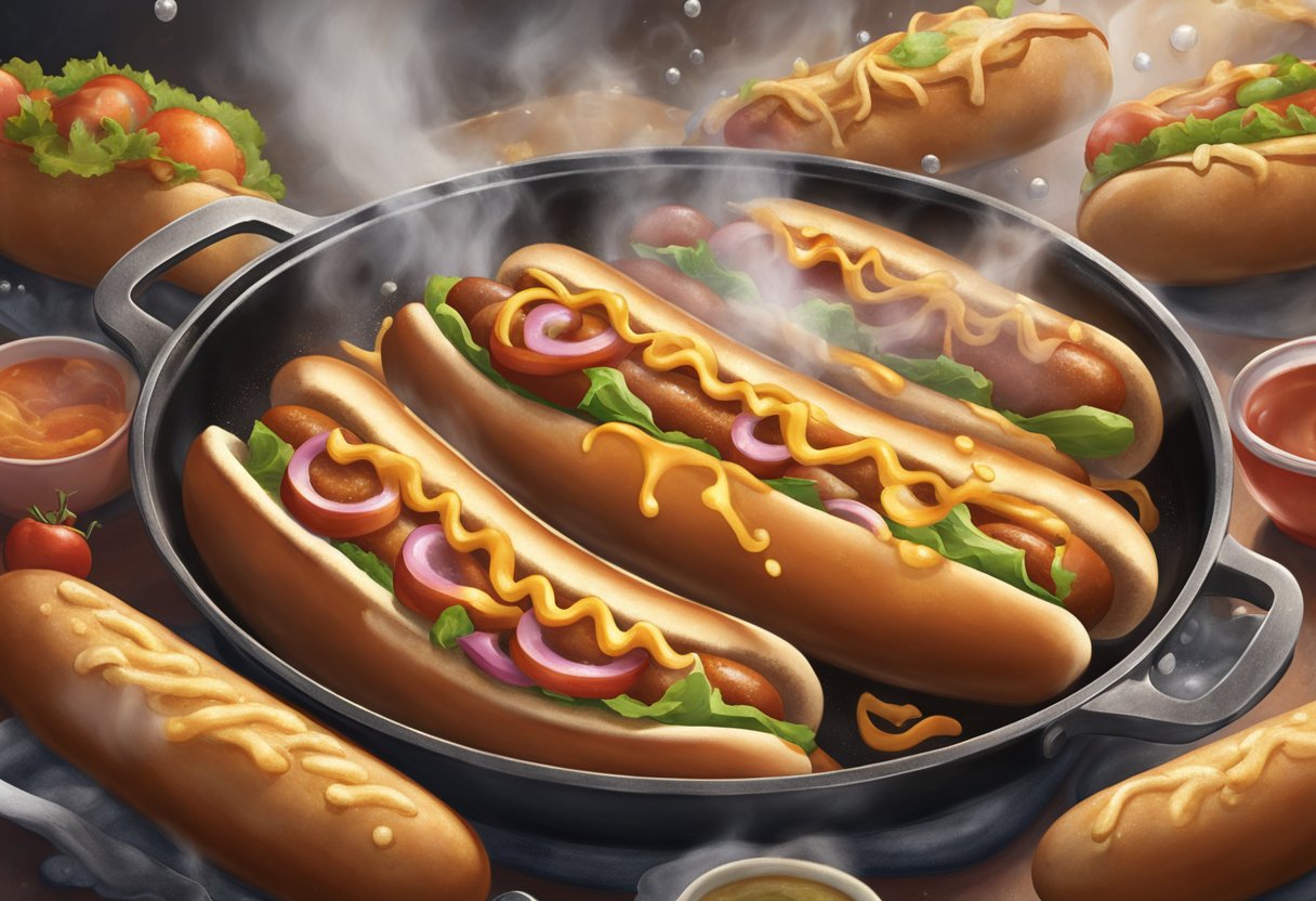 Hot dogs sizzle in a hot pan, steam rising, as they cook to perfection. Oil bubbles around them, creating a golden, crispy exterior