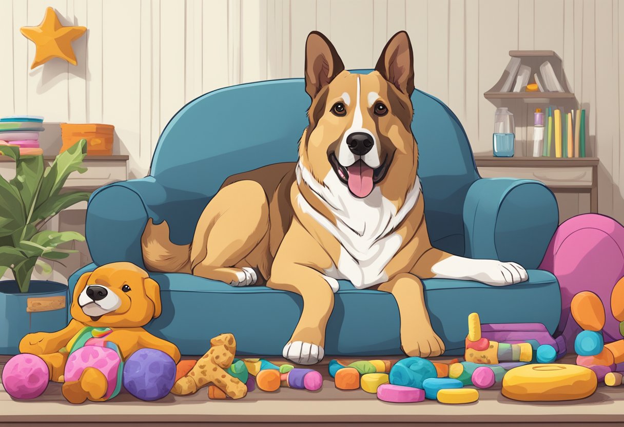 A large dog lounges on a plush bed, surrounded by toys and treats