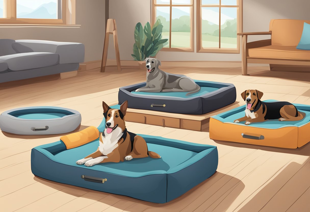 Several large dog beds are arranged neatly in a spacious room. A water bowl and chew toys are placed nearby, indicating the care and comfort provided for the canine residents