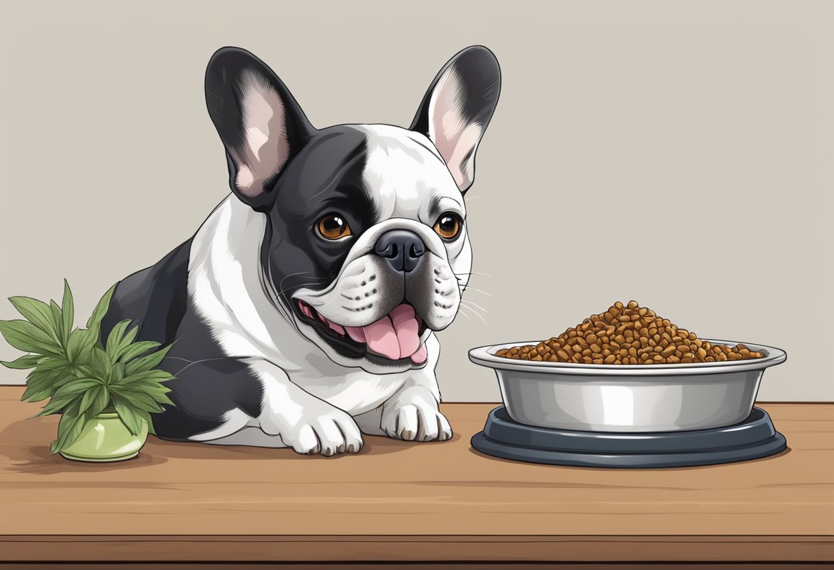 A French bulldog eagerly eats from a bowl of premium dog food, its tail wagging with satisfaction