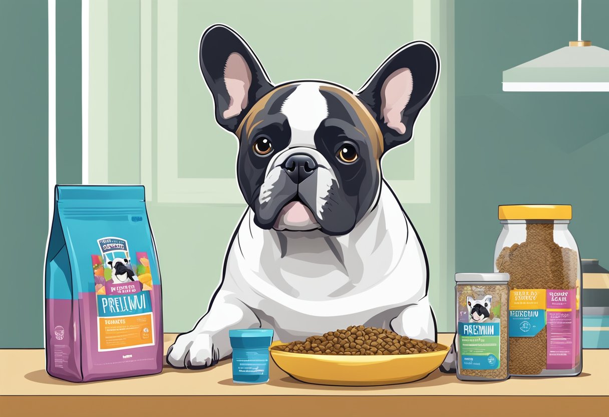 A French Bulldog eagerly eats from a bowl of premium dog food, surrounded by colorful packaging and a vet-approved label