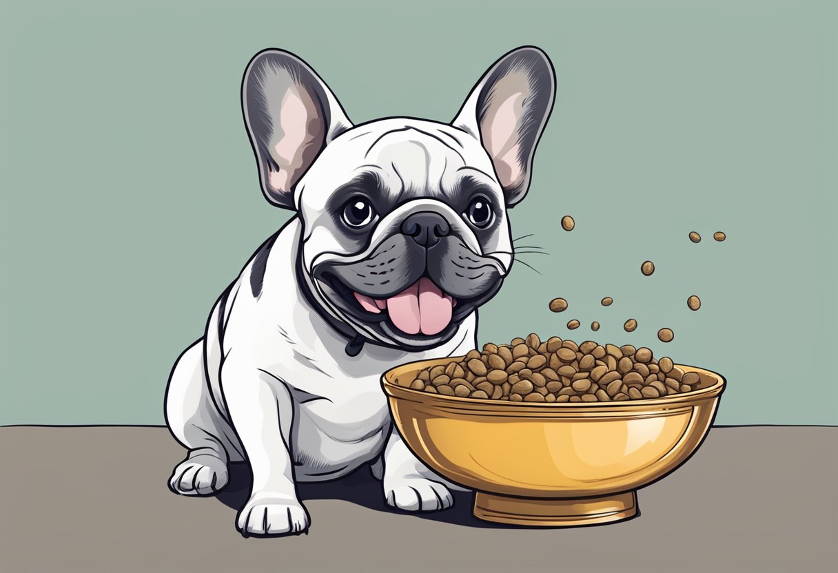 A French bulldog eagerly eats from a bowl labeled -quot;best dog food for French bulldogs-quot; with a happy expression and wagging tail