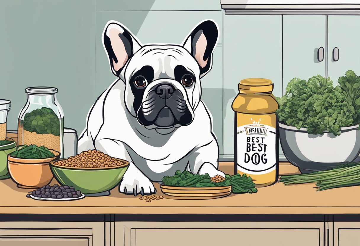 A French bulldog eagerly sniffs a bowl filled with high-quality ingredients like real meat, vegetables, and whole grains, labeled as the best dog food for French bulldogs