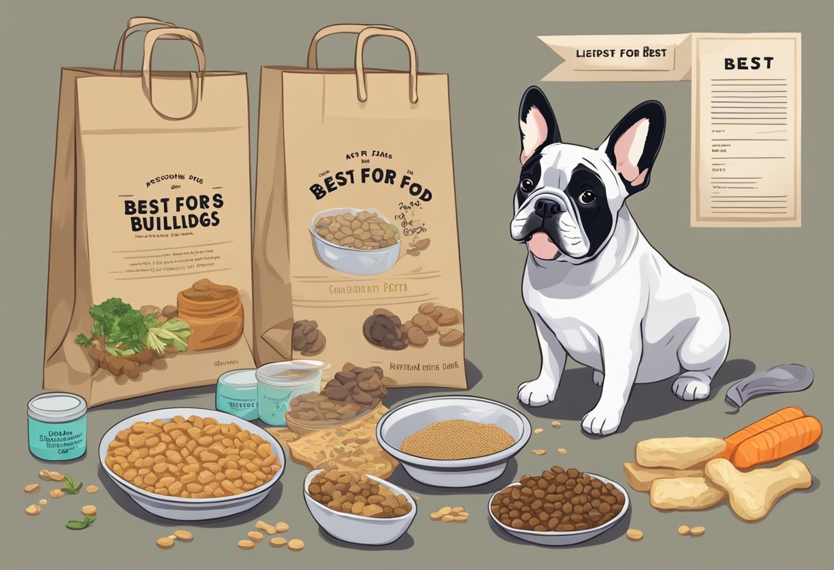 A bag of dog food labeled -quot;best for French bulldogs-quot; with a list of ingredients to avoid. A happy French bulldog eagerly awaits a meal nearby