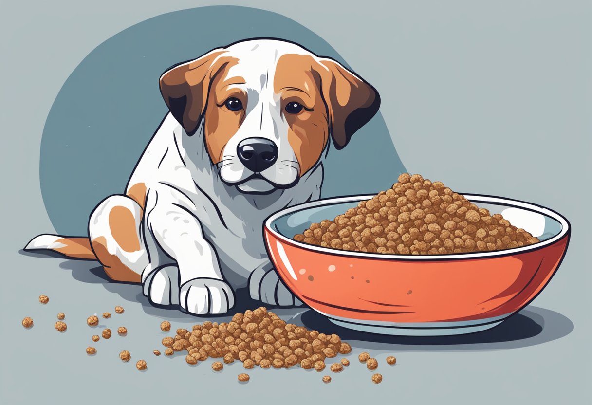 A dog scratching and biting at its irritated skin, with red patches and flaky areas. A bowl of hypoallergenic dog food nearby