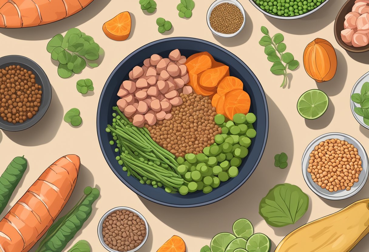 A bowl filled with allergy-friendly dog food, surrounded by fresh, whole ingredients like salmon, sweet potatoes, and peas