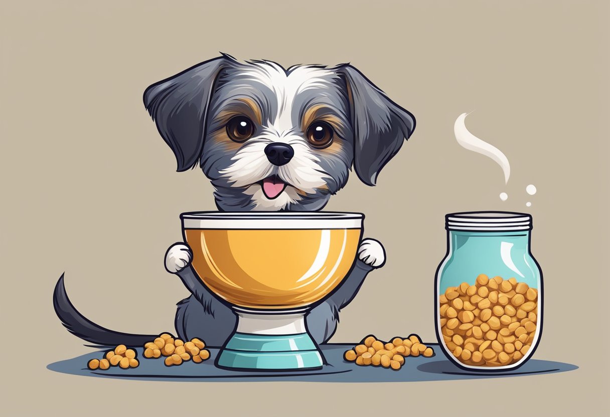 A small dog eagerly eats from a bowl of high-quality dog food, tail wagging with delight