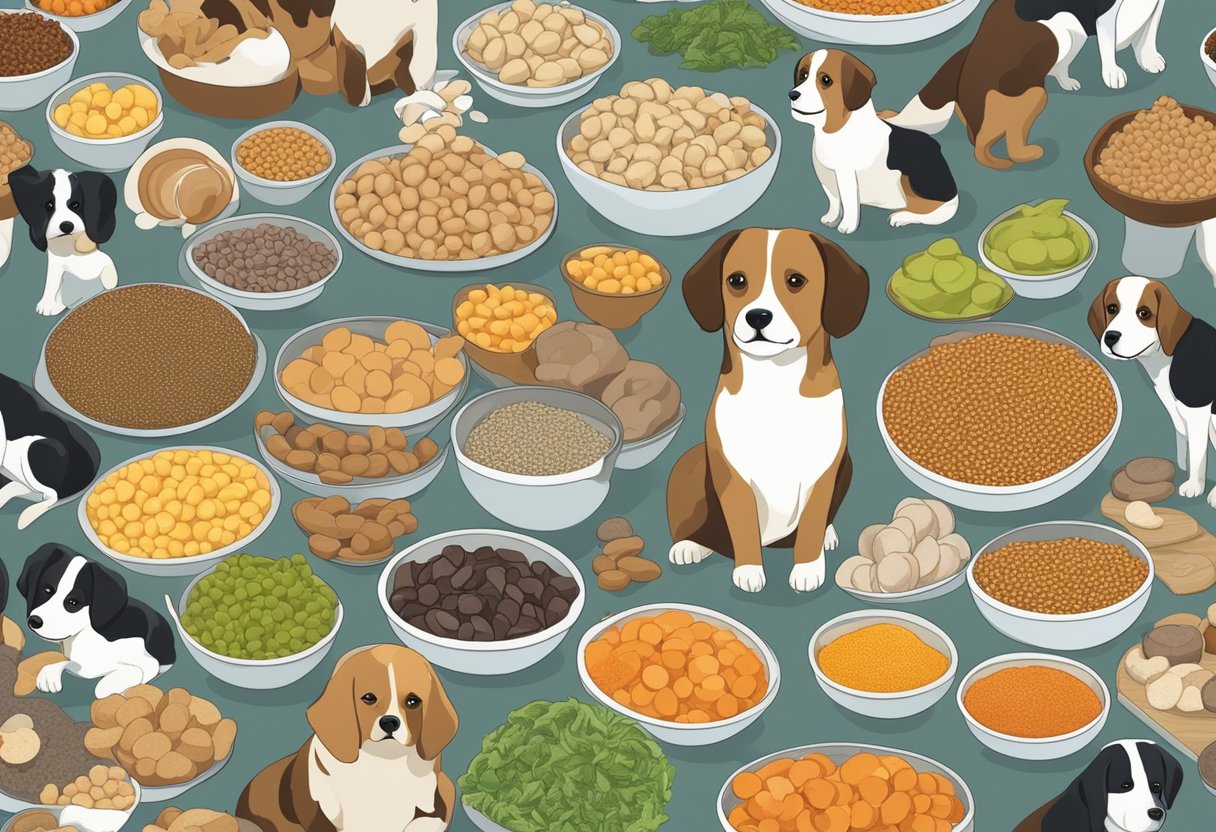 Small breed dogs surrounded by bowls of nutrient-rich food, including protein, vitamins, and minerals. A veterinarian or nutritionist may be present, discussing the importance of tailored nutrition for small breeds