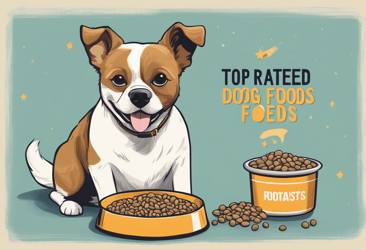 A small breed dog eagerly eats from a bowl labeled -quot;Top-Rated Dog Foods for Small Breeds-quot; with a wagging tail