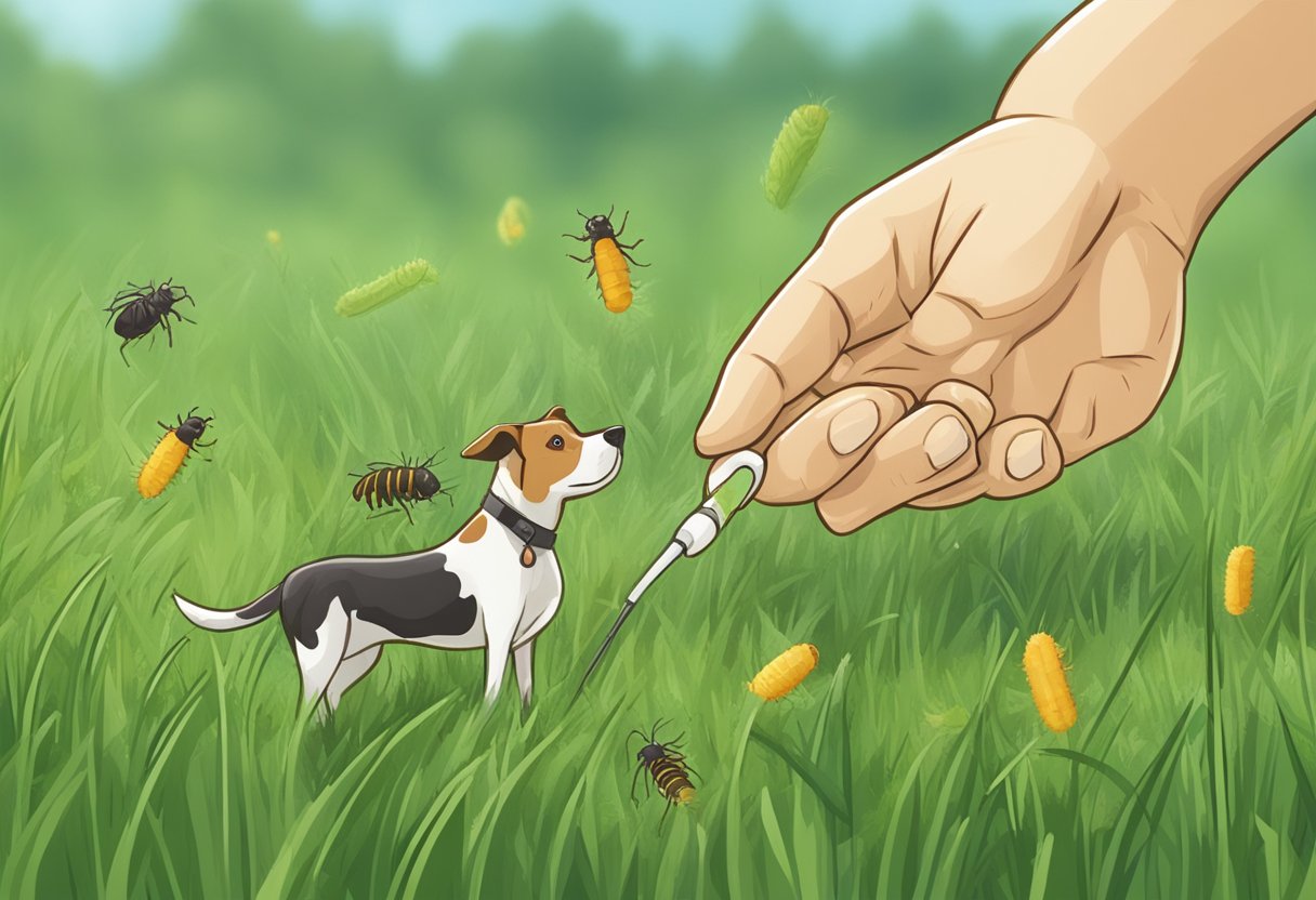 A dog standing on a green grass field with fleas and ticks crawling on its fur, while a hand reaches in to apply medicine