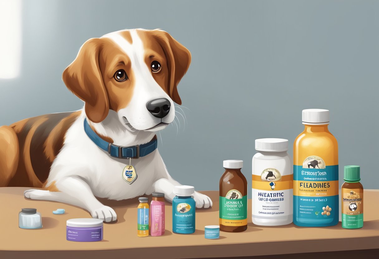 A dog standing next to a selection of flea and tick medicines, with a thoughtful expression, considering the various options available