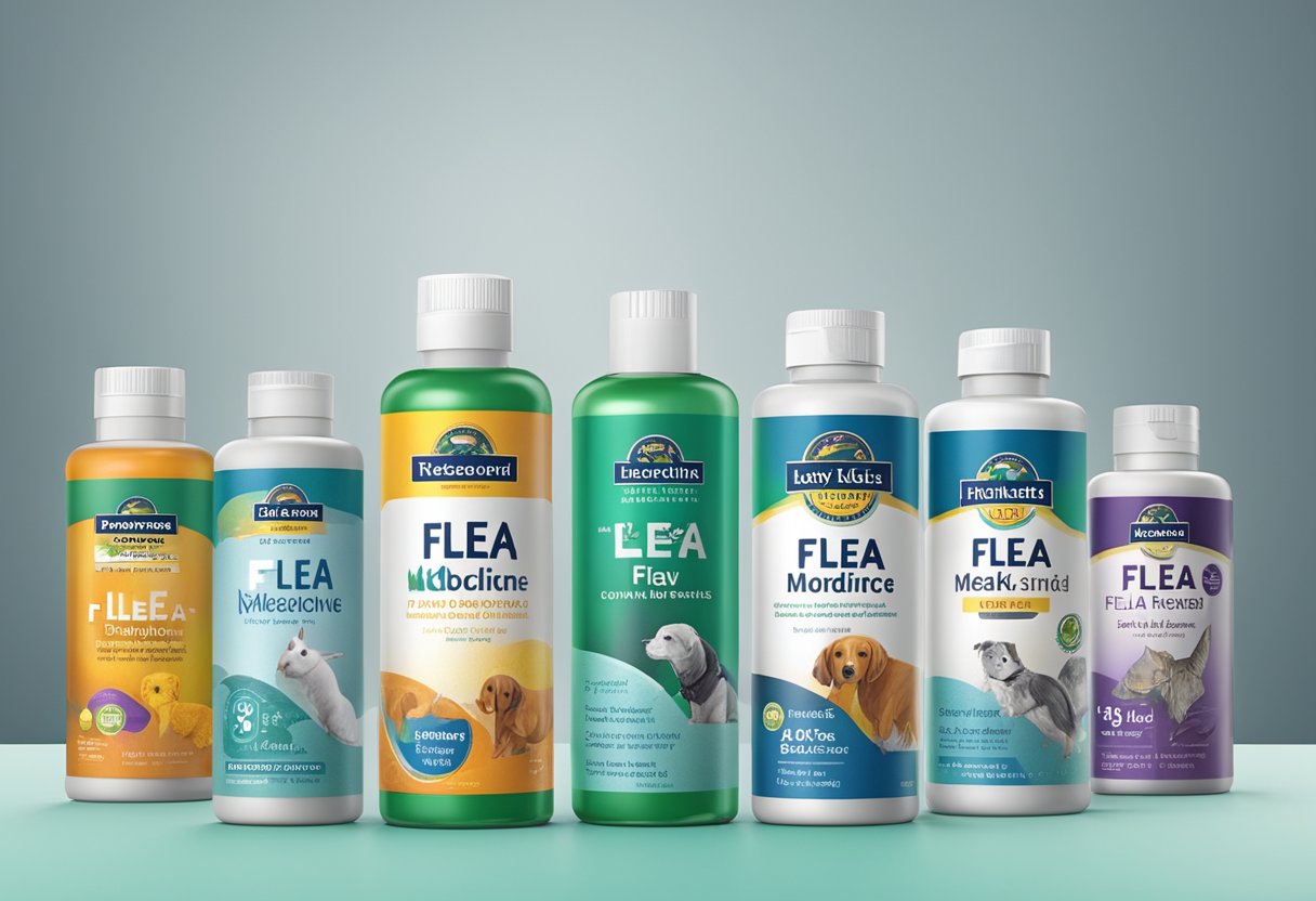 Several well-known flea and tick medicine brands arranged on a shelf with vibrant packaging and clear labels