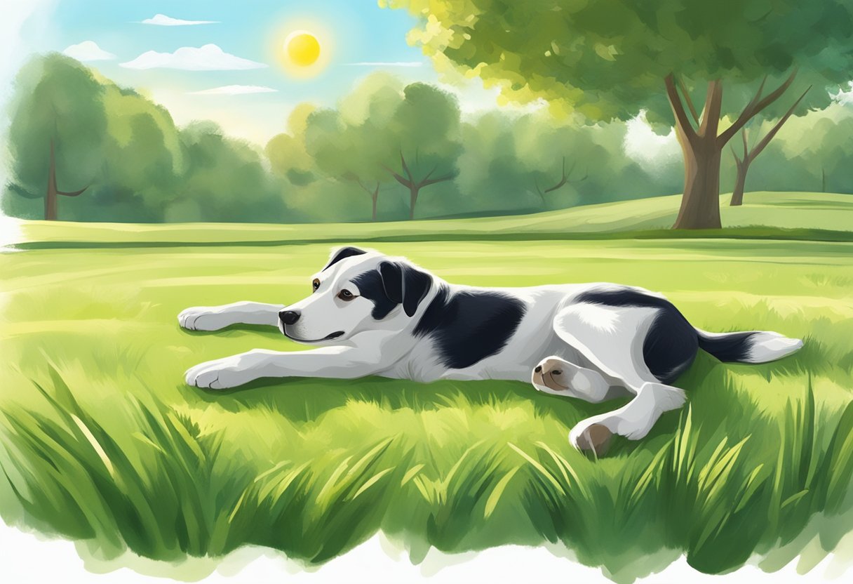 A dog lying on a green lawn, with a topical treatment being applied to its fur by a hand. The sun is shining, and there are trees in the background