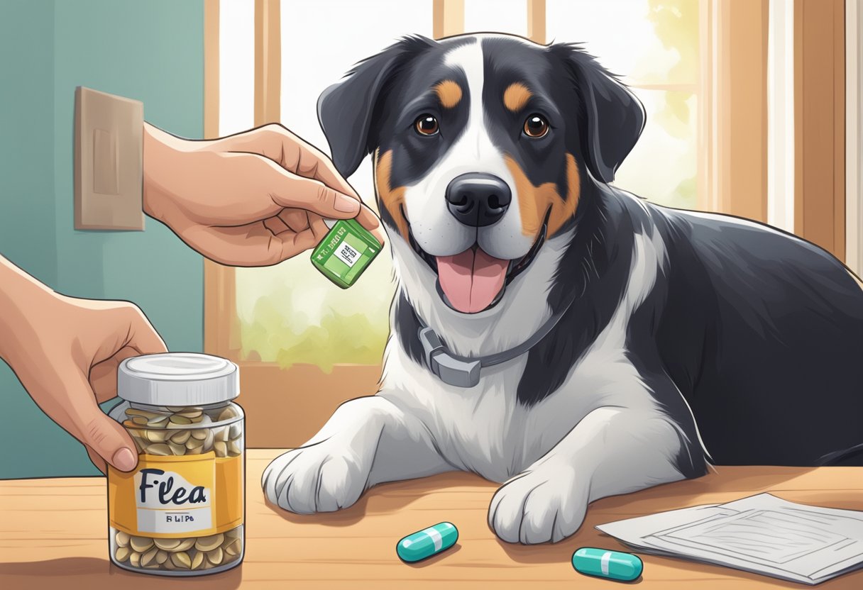 A dog happily takes a pill from its owner's hand, with a box of flea and tick medication nearby