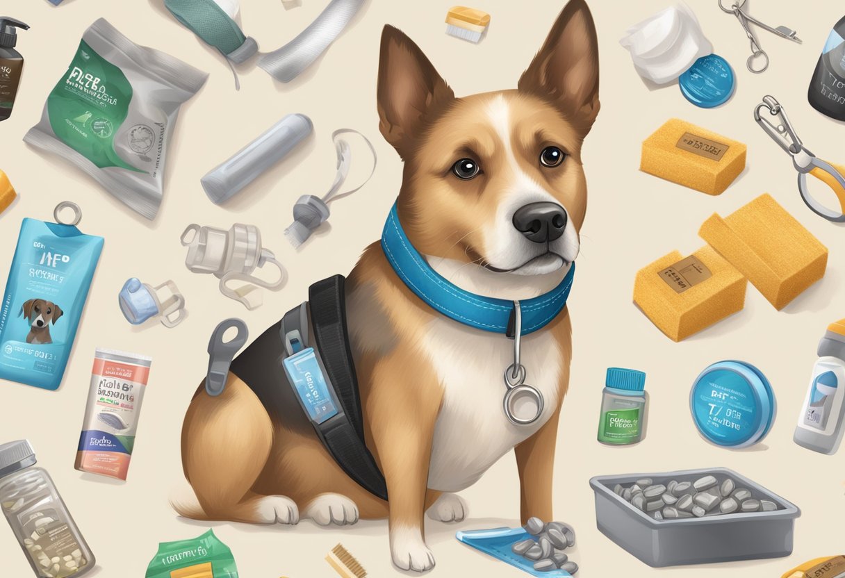 A dog wearing a collar with a tag, surrounded by flea and tick prevention products