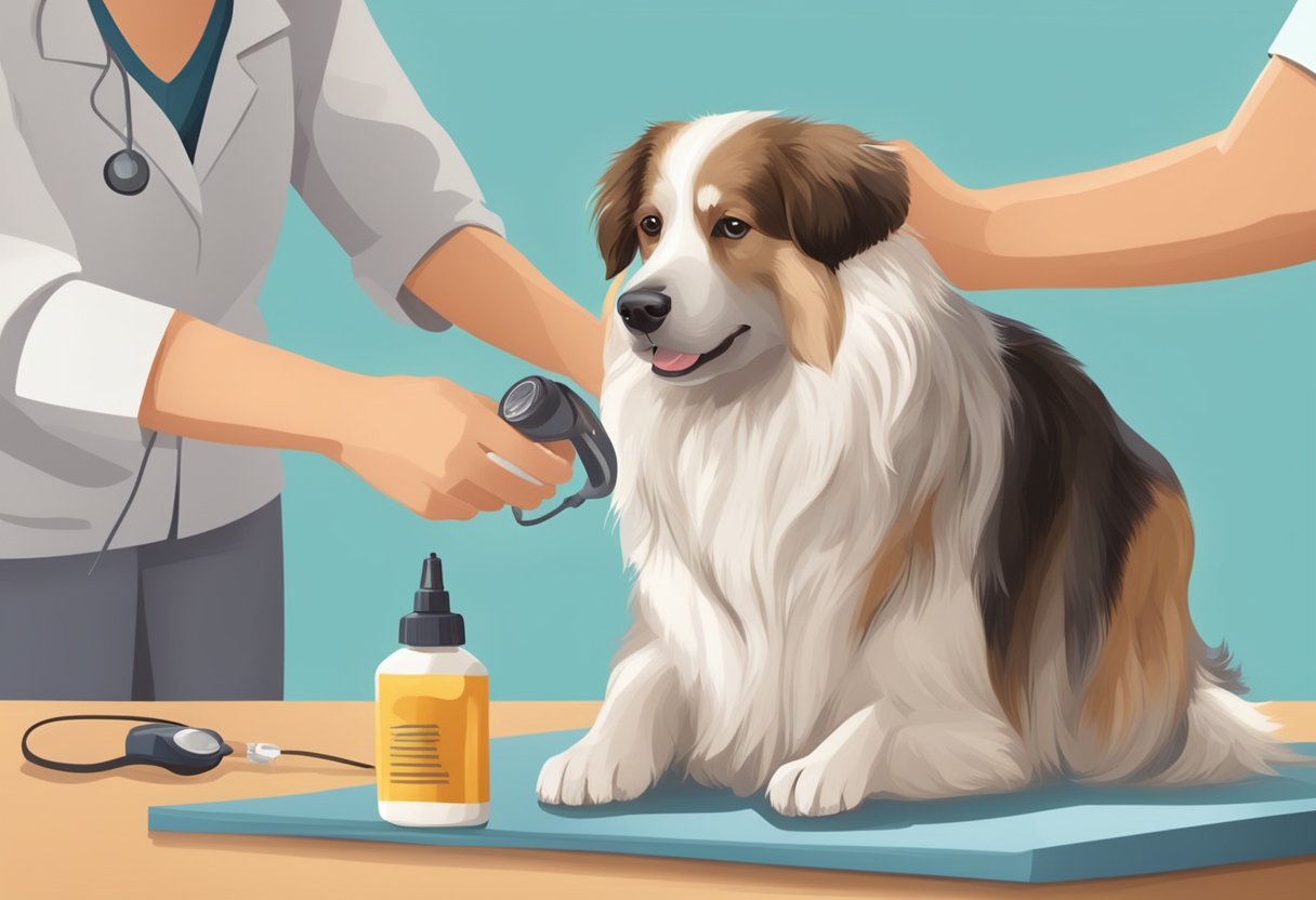 A dog receiving flea and tick treatment, with a veterinarian applying the product to the dog's fur