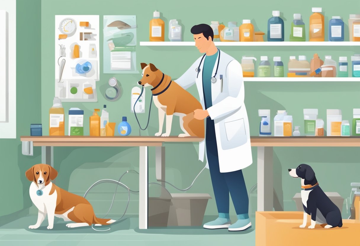 A dog receiving flea and tick treatment from a veterinarian, with various options displayed nearby