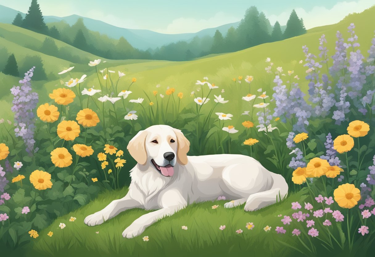 A dog lying peacefully on a grassy field, surrounded by blooming flowers and herbs known for their natural flea and tick repellent properties