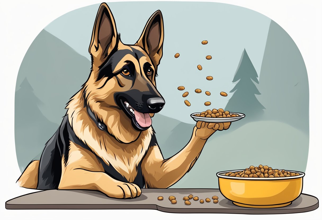 A German shepherd eagerly eats from a bowl of premium dog food, tail wagging