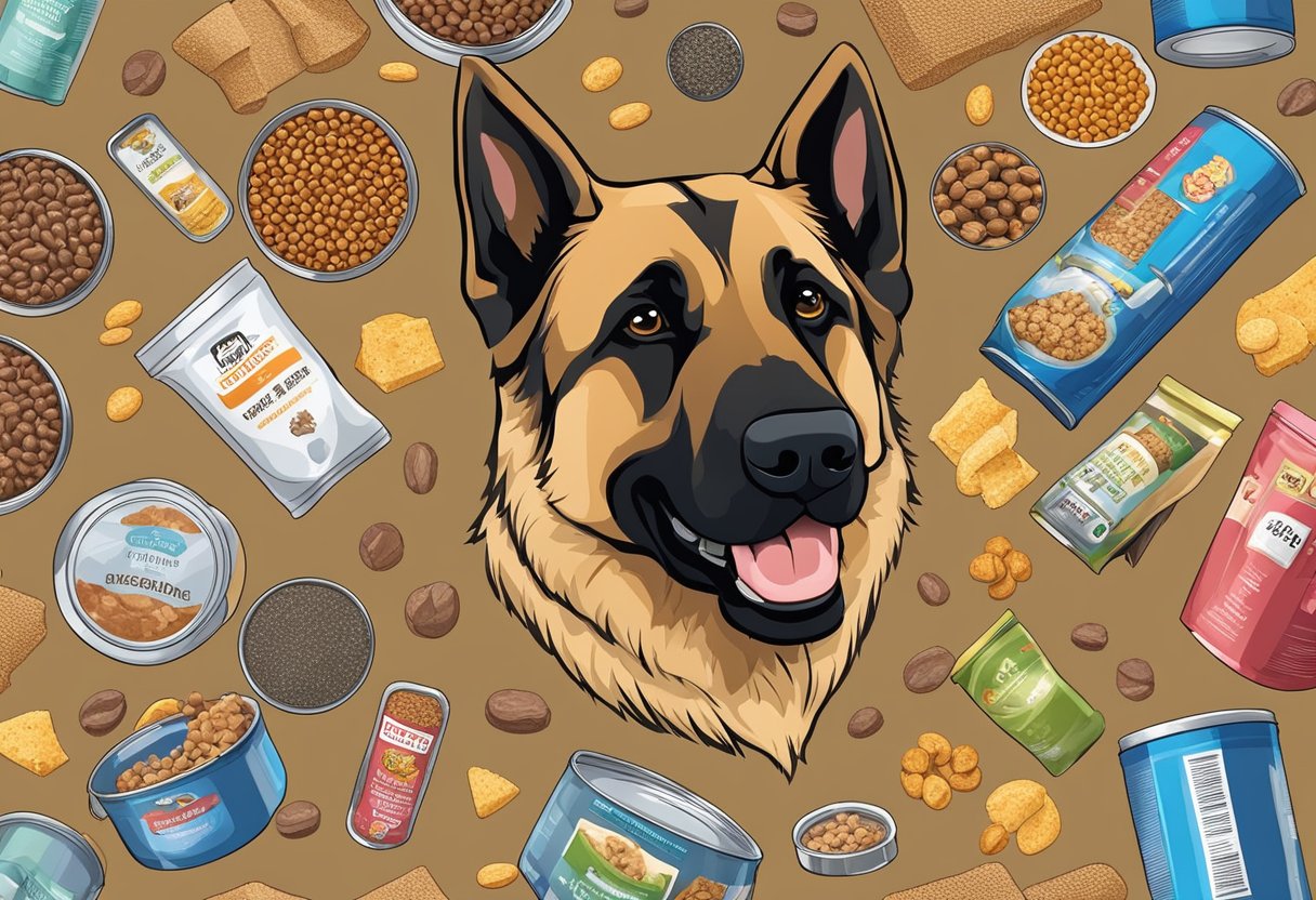 German Shepherd surrounded by various types of dog food, including dry kibble, canned food, and raw meat