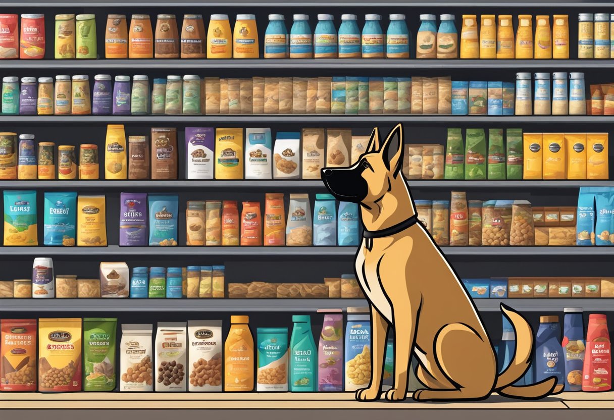 A German Shepherd stands in front of various dog food brands, sniffing each one before selecting the best one