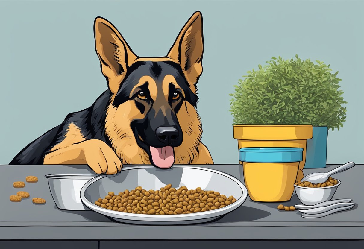 A German Shepherd eagerly eats top-rated dog food from a bowl