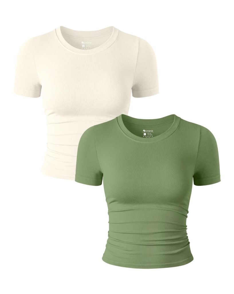 OQQ Women's 2 Piece Shirts Short Sleeve Crew Neck Ruched Stretch Fitted Tee Shirts Crop Tops