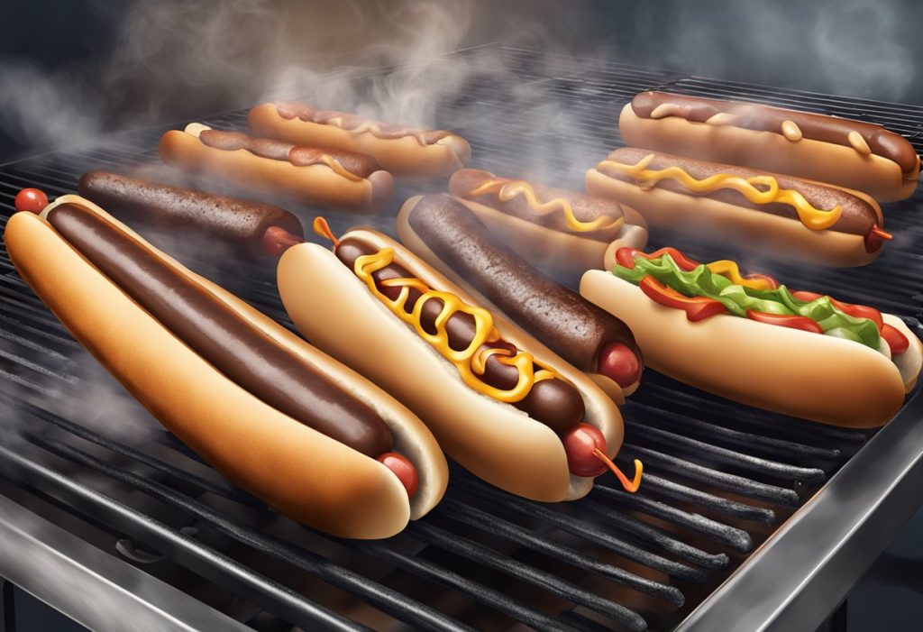 Hot dogs sizzle on a grill, smoke rising, with charred grill marks