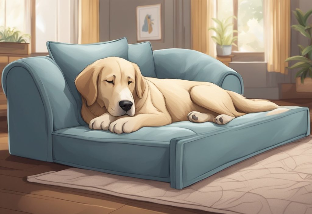 A large dog peacefully sleeping on a plush, oversized bed with ample padding and support, surrounded by a cozy and inviting atmosphere